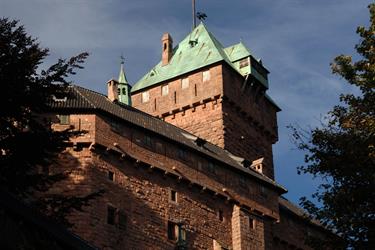 The keep and the southern façade of Haut-Koenigsbourg castle seen from the entrance pathway